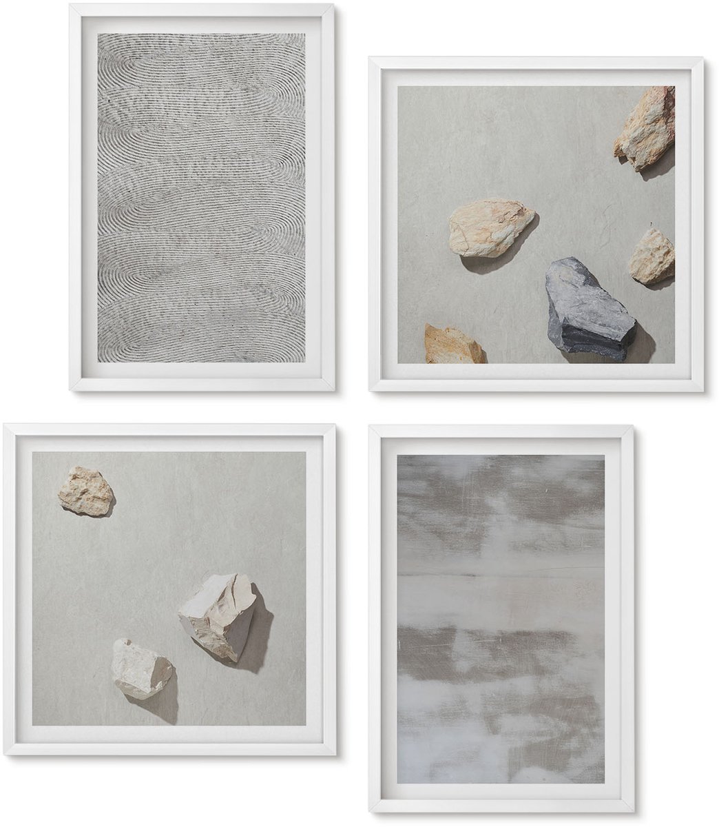 Wallfluent 4-Delige Schilderij Set - Moderne Textuurstructuren In Een Minimalistische Stijl. - 40 x 40 En 40 x 60 - Wanddecoratie - Muurdecoratie - Moderne Interieurdecoratie - Interieur Decoratie