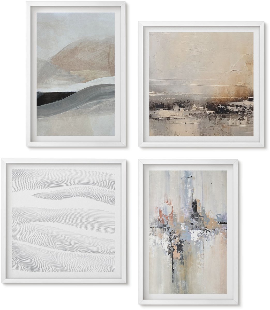Wallfluent 4-Delige Schilderij Set - Abstracte Patronen In Neutrale Aardetinten - 40 x 40 En 40 x 60 - Decoratieve Schilderijen - Woonkamer - Interieur - Stijlvolle Muurdecoratie
