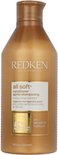 Redken All Soft après-shampooing dans une bouteille dorée avec des étiquettes blanches et dorées. "all soft conditioner moisturizing"