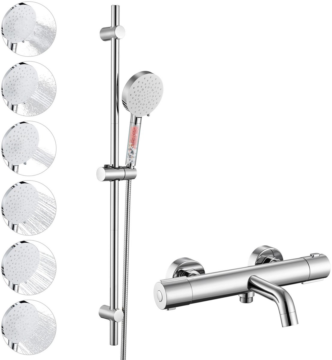 Auralum Max Universal Thermostatische Badkraan - 150 mm hartafstand - Met CoolTouch technologie - 90 cm Glijstangset - Douchekop met 4 Filters - 6 Standen Handdouche - Waterbesparend - Chroom&Wit