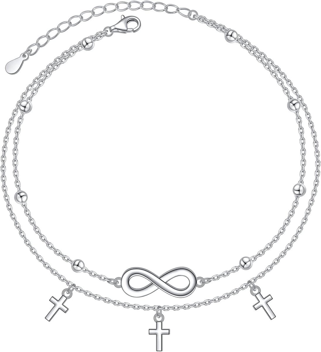 Infinity Cross Anklet Sterling Silver Adjustable Beaded Small Cross Charm Multilayer Layered Foot Anklet Beach Jewelry - ShopVlot