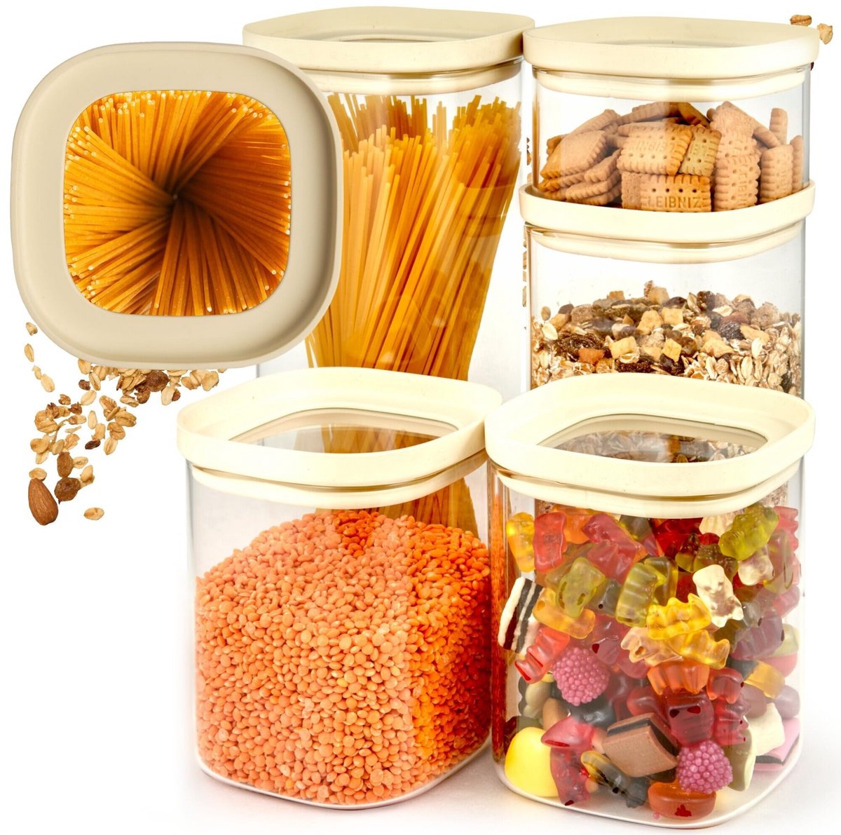 Famanu – Set van 5 voorraadpotten met deksel van stevig borosilicaatglas, luchtdicht en stapelbaar, inclusief stickers, voor keukenopslag
