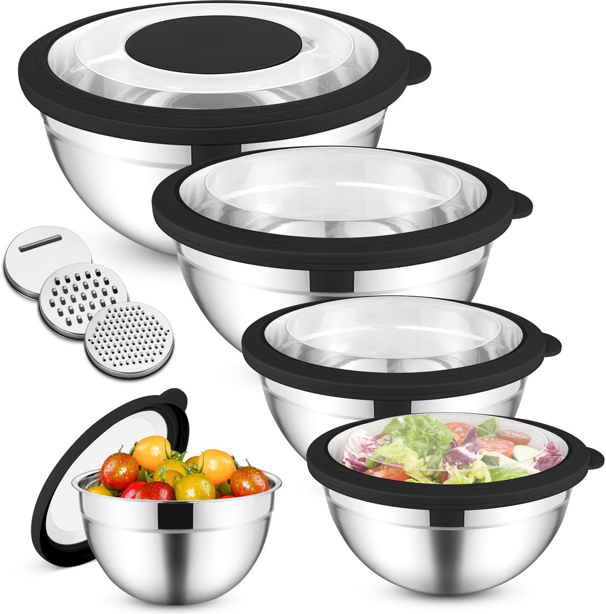 Famanu – Mengkommen set van 5 delen van roestvrij staal, slakommetjes met transparante luchtdichte deksels en 3 raspopzetstukken voor koken en bakken, 4,5 l/2,8 l/1,5 l/1,2 l/0,7 l