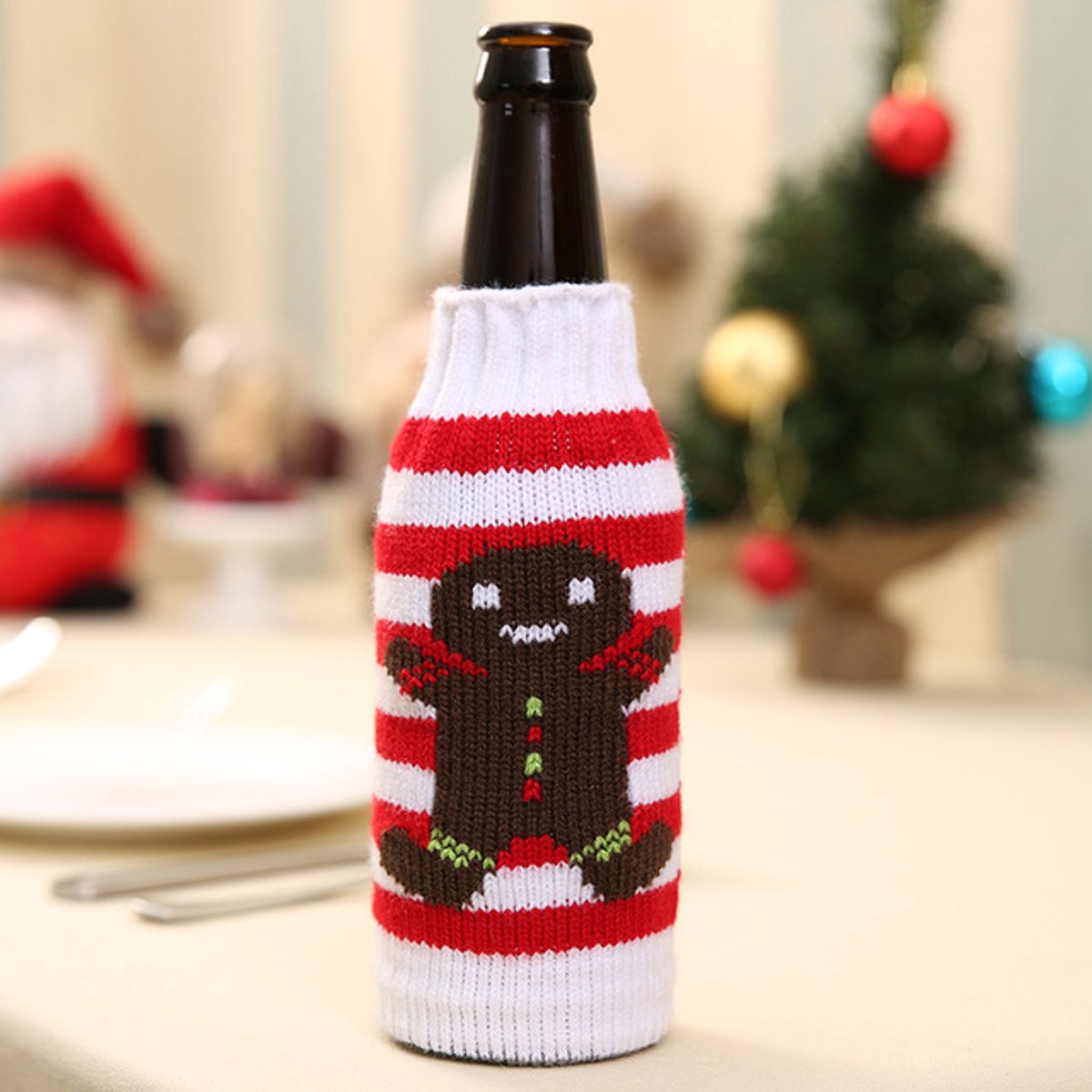 Eizook Set van 2 Kerst bierfles koel houders - wit rood gestreept - Kerstkado