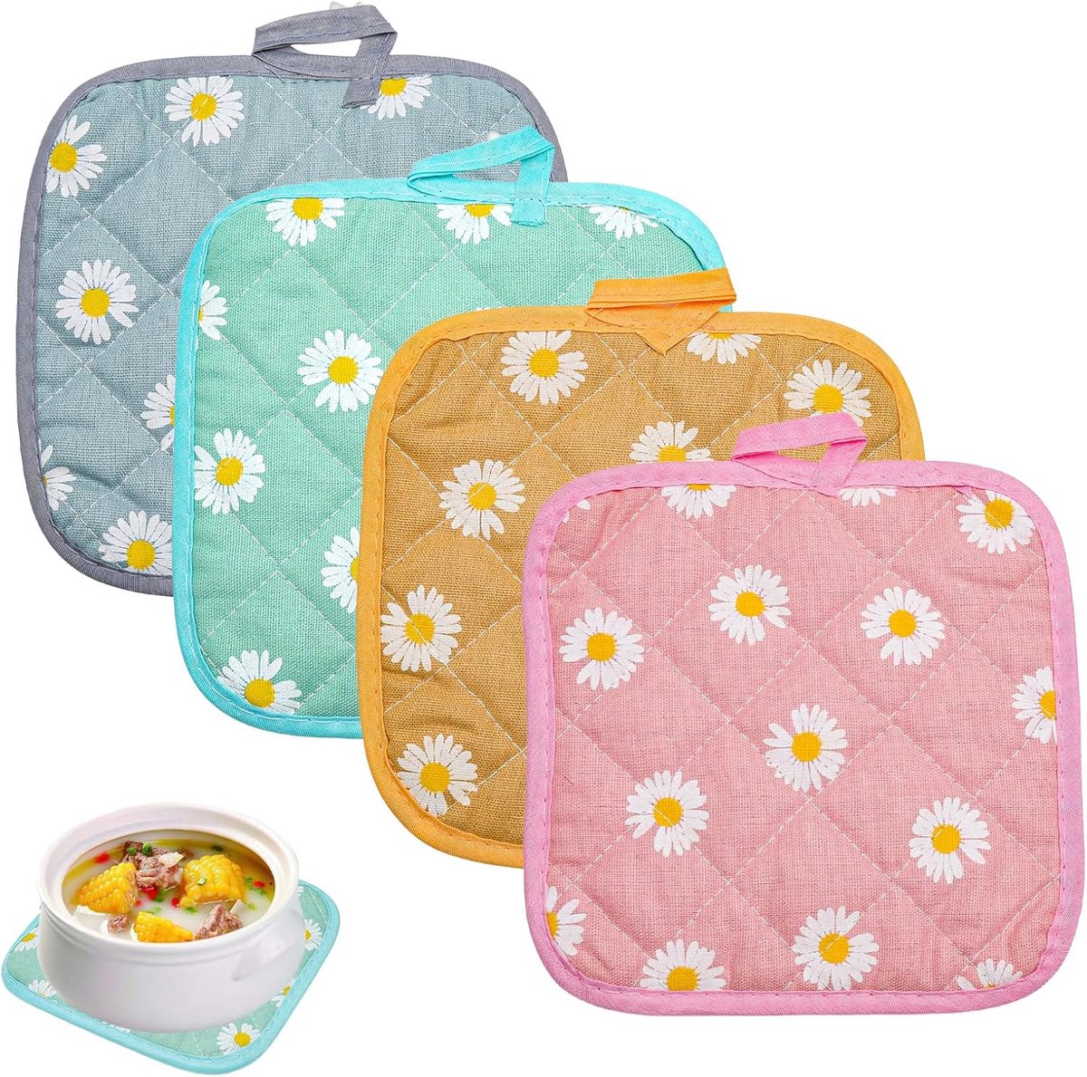 VOSSOT Set van 4 pannenlappen van katoen, 17 x 17 cm, hittebestendig, antislip, keukenpothouders, wasbare beschermlap - ShopVlot