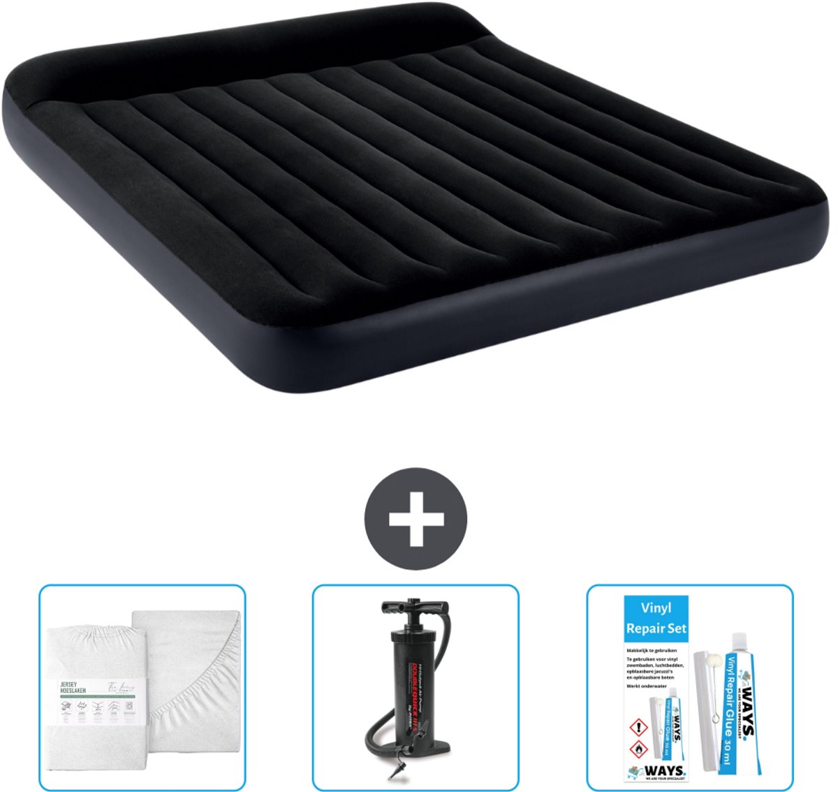 Intex Luchtbed - 2-Persoons - 183 x 203 x 25 cm - Donkerblauw - Inclusief Hoeslaken - Pomp en Reparatieset