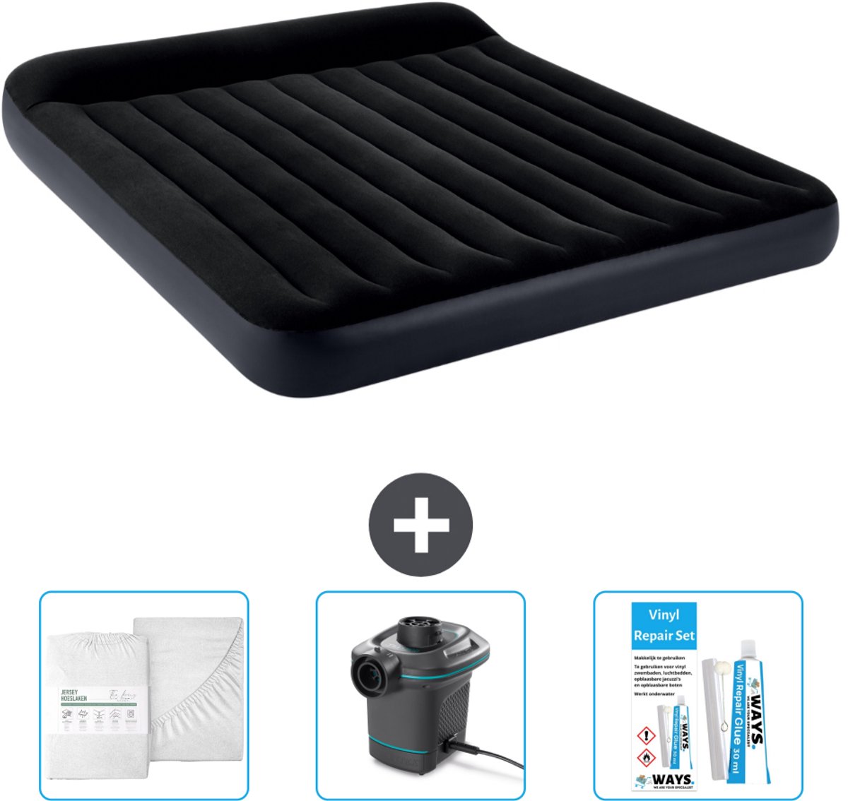 Intex Luchtbed - 2-Persoons - 183 x 203 x 25 cm - Donkerblauw - Inclusief Hoeslaken - Pomp en Reparatieset