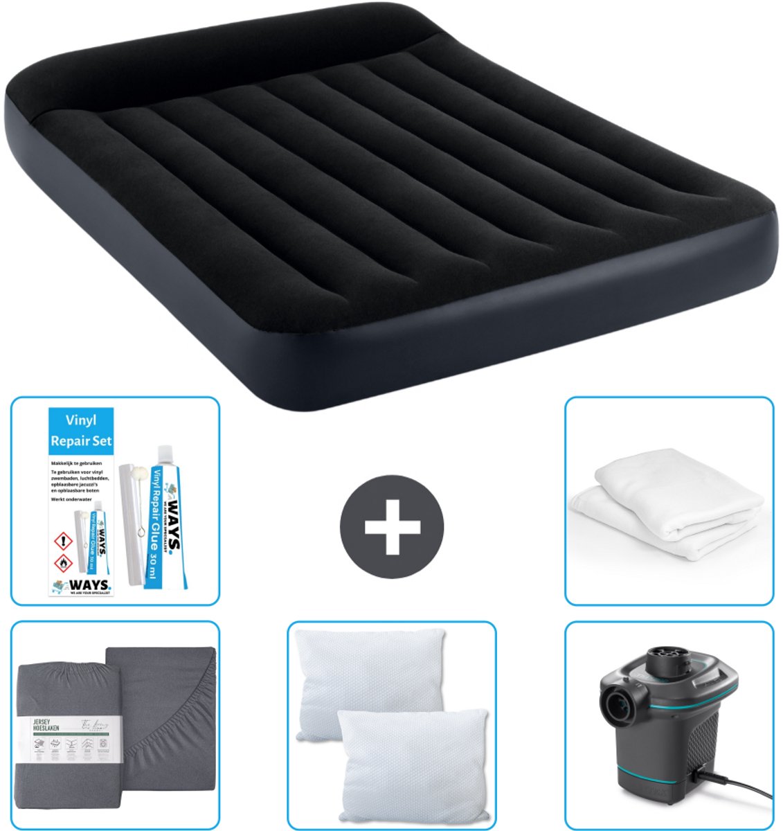 Intex Luchtbed - Twijfelaar - 137 x 191 x 25 cm - Donkerblauw - Inclusief Hoeslaken - Kussen - Pomp - Reparatieset en Kussenbeschermer