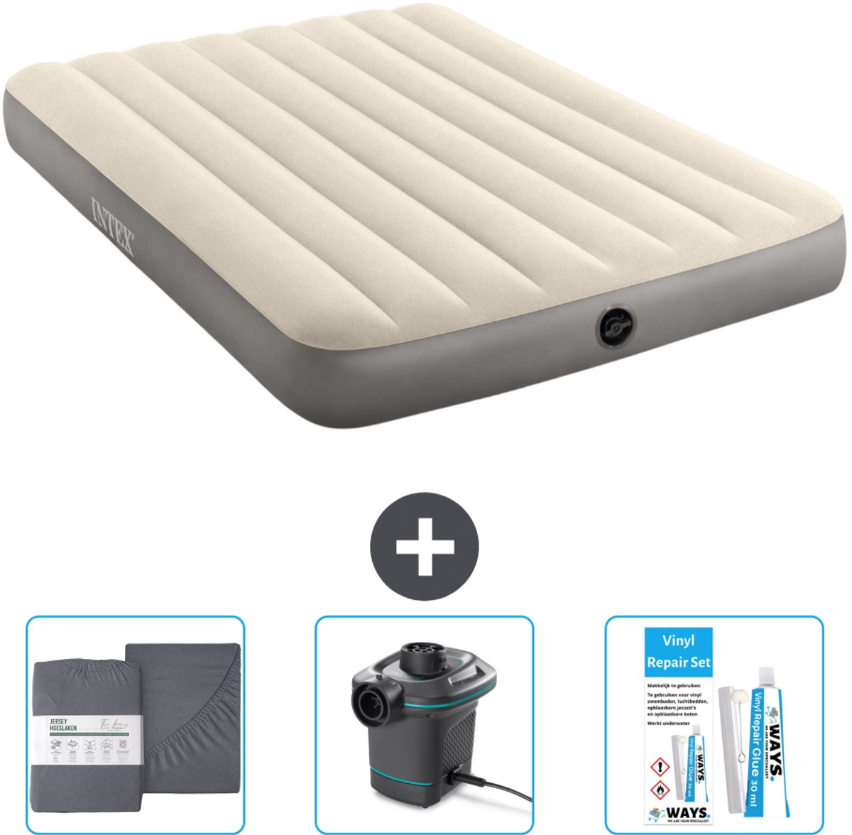 Intex Luchtbed - Twijfelaar - 137 x 191 x 25 cm - Beige - Inclusief Hoeslaken - Pomp en Reparatieset