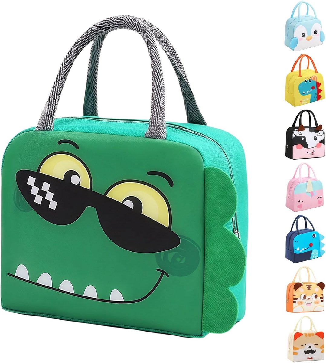 Lunchtas voor kinderen, koeltas, draagbare tas, aluminiumfolie, opvouwbare isolatie, waterkoker (groene dinosaurus) - ShopVlot