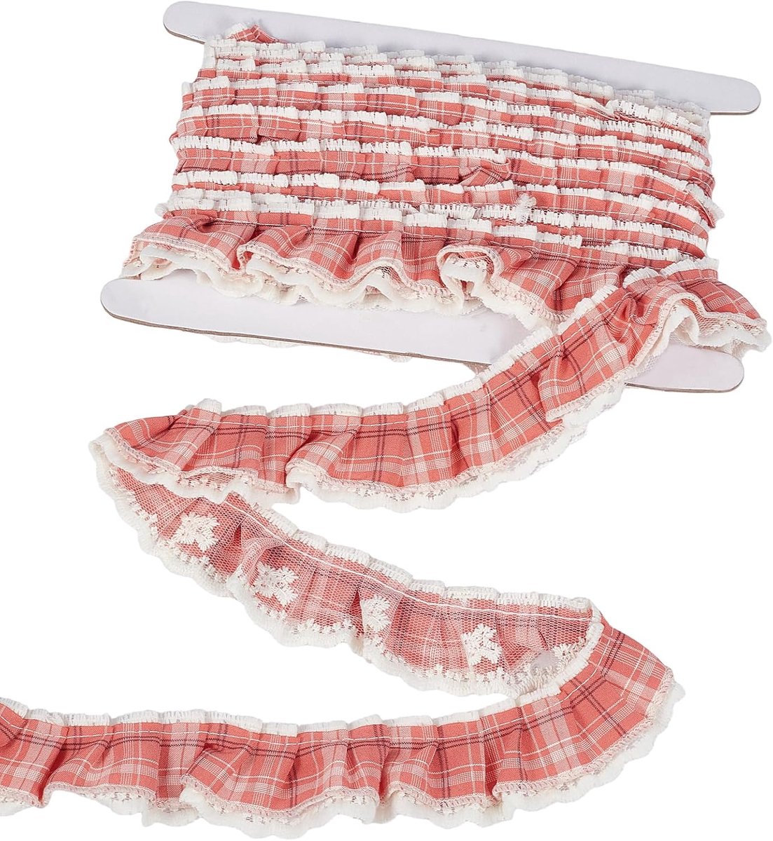 5m Pleated Lace Trim Ruched Plaid Vichy Lace Trim Ruched Double Thickness 13.7mm Mesh Edge Pink Plaid for Sewing - ShopVlot