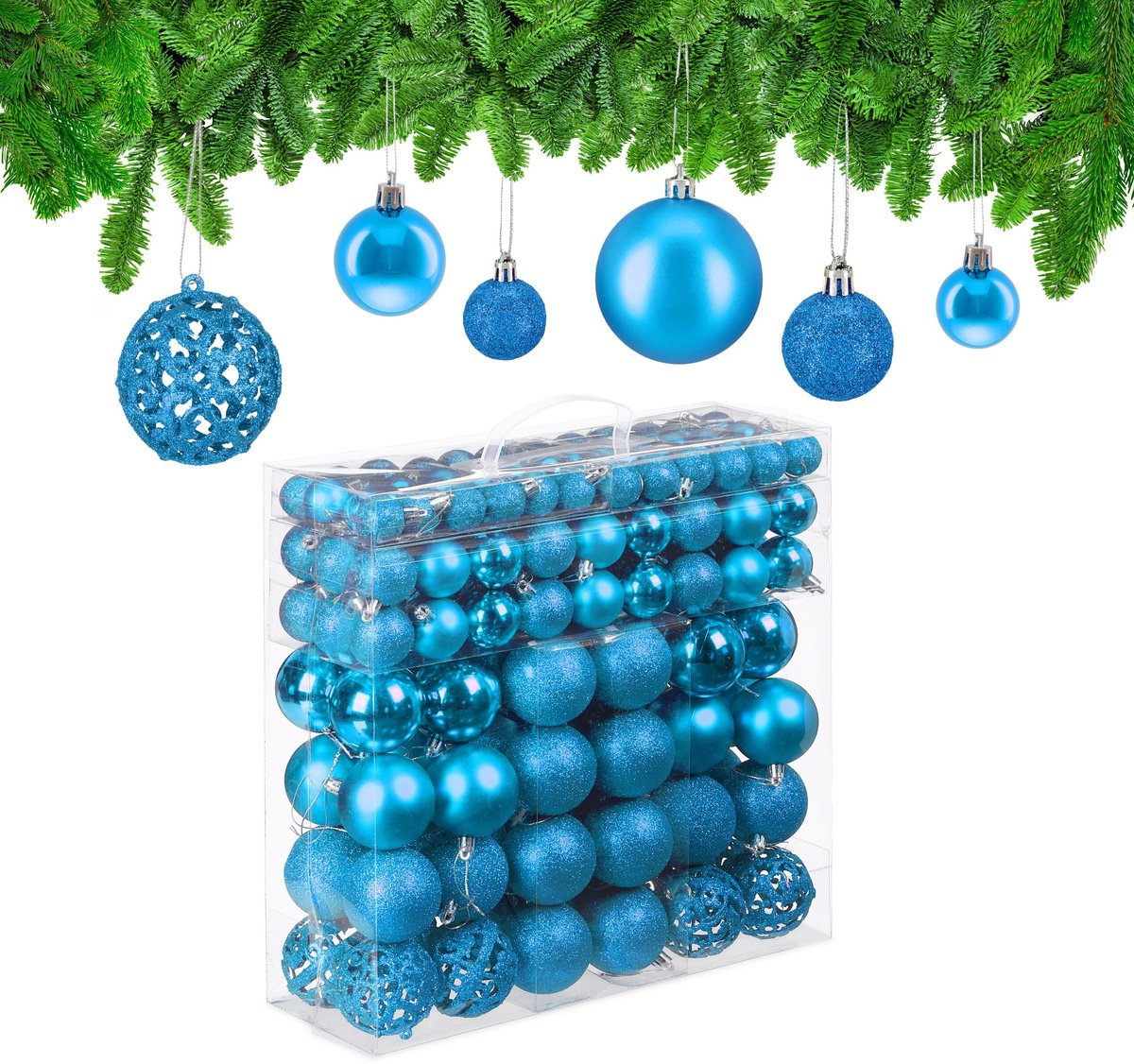 Famanu – Set van 150 kerstballen voor de kerstboom, mat en glanzend, met glitters, ∅ 3, 4, 6 cm, kunststof, petrol
