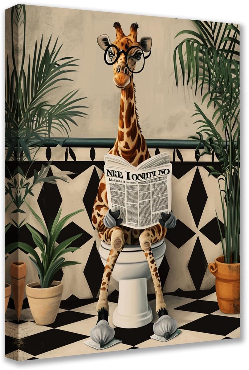 Famanu – Canvas muurkunst van schattige giraffe op toilet, ingelijste foto met tropische plant, modern kunstwerk voor woonkamer en slaapkamer