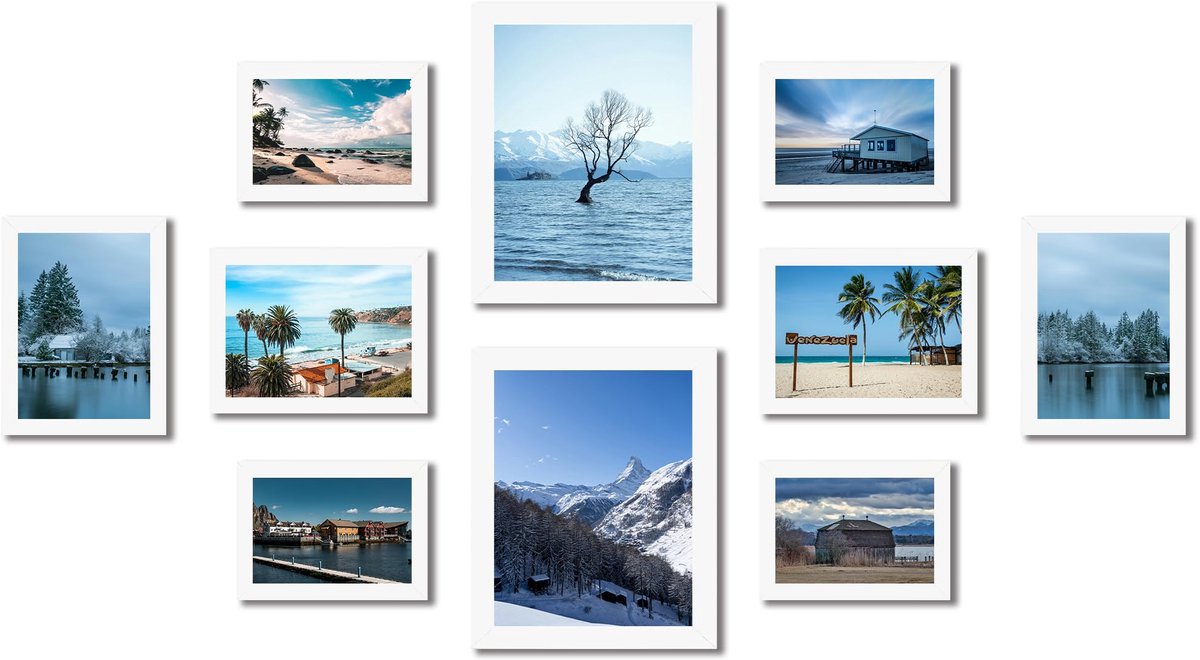 Famanu Set van 10 fotolijsten in collagevorm, twee 20 x 25 cm, vier 13 x 18 cm en vier 10 x 15 cm, witte fotolijsten voor het tonen van herinneringen