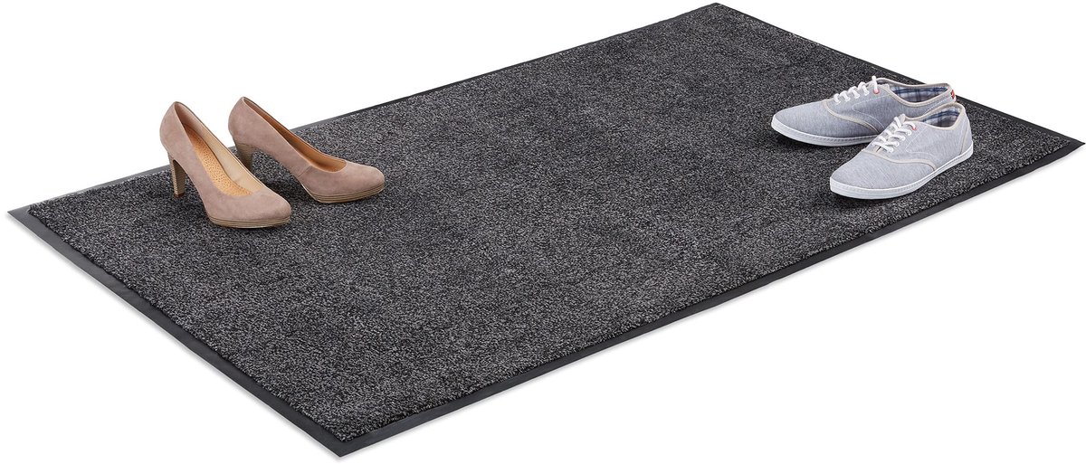 Famanu Schoonloopmat extra dun, 90 x 150 cm, deurmat voor binnen, grote droogloopmat in zwart-grijs