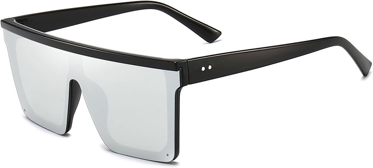 Square oversized sunglasses for women men fashion flat top large frame shades, Black Frame/Mirror Silver Lens - ShopVlot