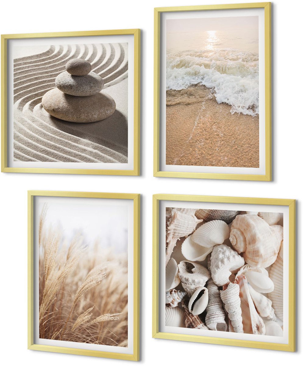Coloray 4-Delige Schilderij Set - Strandthema met schelpen en zeegolven - 40 x 40 cm en 40 x 60 cm - Wanddecoratie - Muurdecoratie - Woonkamer - Decoratieve Schilderijen