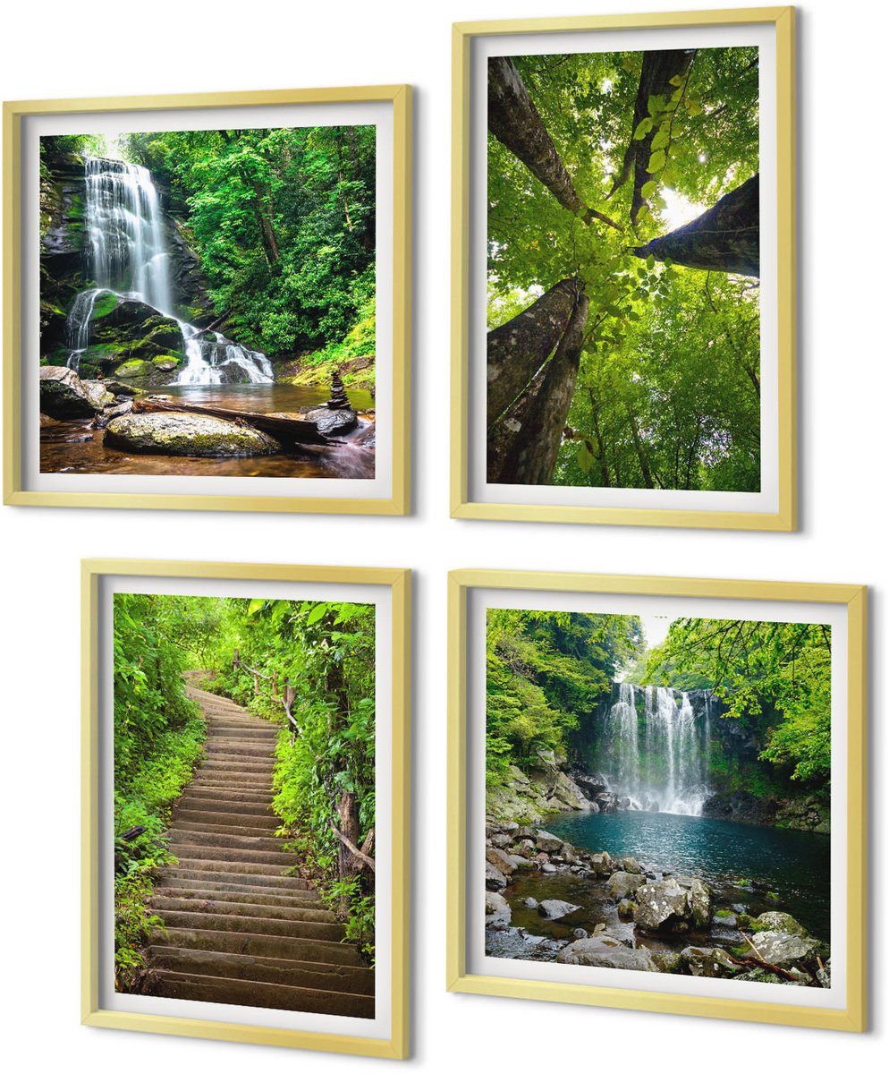 Coloray 4-Delige Schilderij Set - Bospad met waterval en groene vegetatie - 40 x 40 cm en 40 x 60 cm - Wanddecoratie - Muurdecoratie - Woonkamer - Woonkamer Decoratie