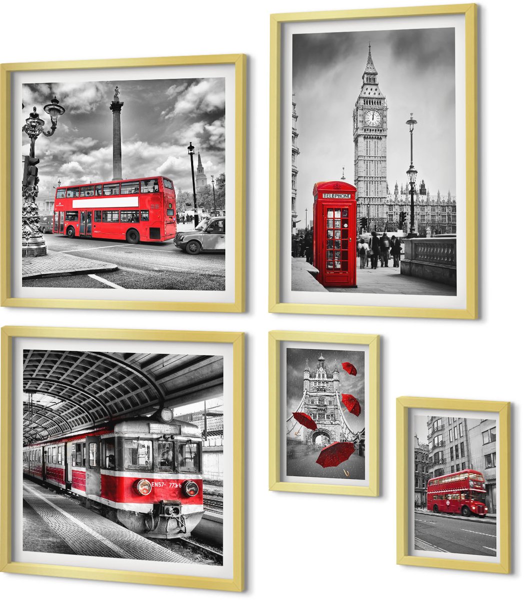 Coloray 5-Delige Schilderij Set - Londense Motieven Met Rode Accenten En Architectuur - 50 x 50 cm, 20 x 30 cm En 40 x 60 cm - Moderne Wanddecoratie - Woonkamer