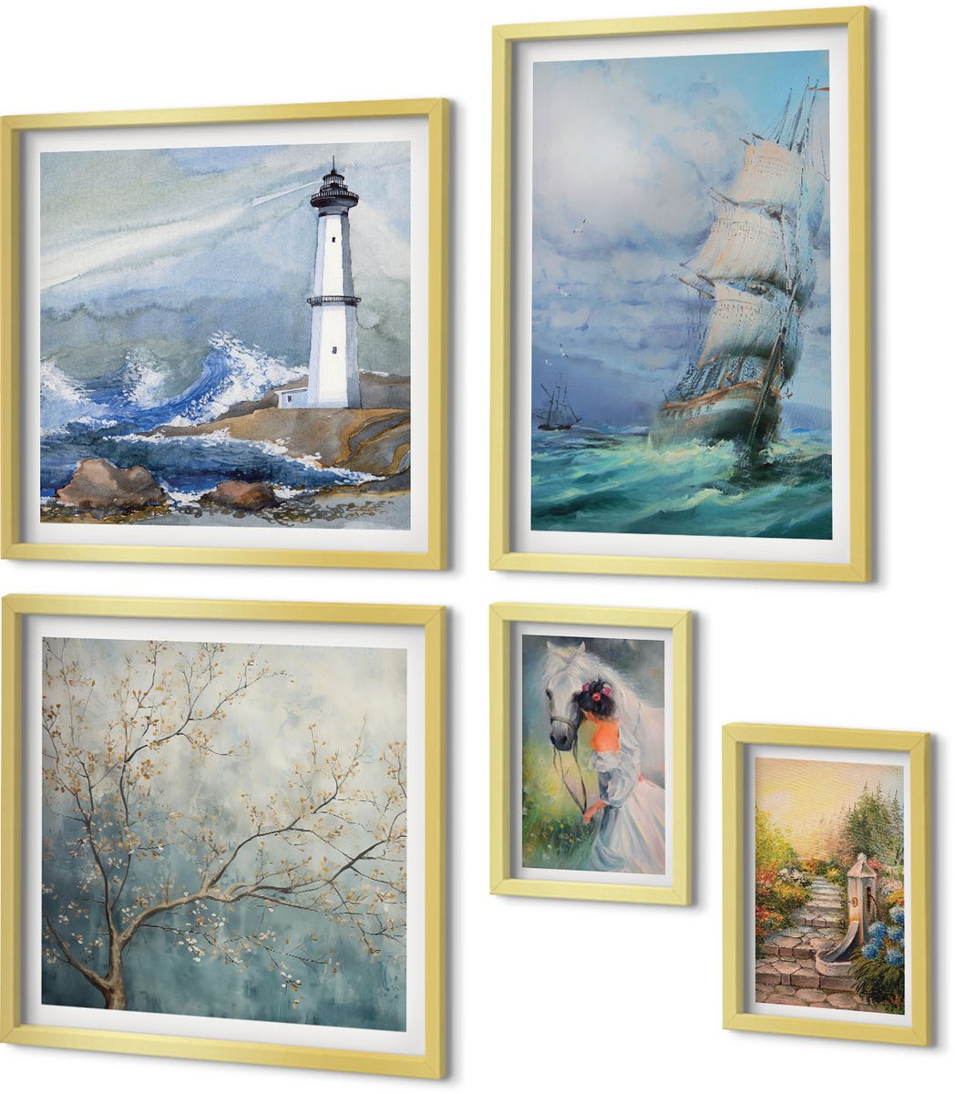 Coloray 5-Delige Schilderij Set - Zeeavonturen En Romantische Natuurlandschappen - 50 x 50 cm, 20 x 30 cm En 40 x 60 cm - Moderne Wanddecoratie - Slaapkamer - Stijlvolle Muurdecoratie