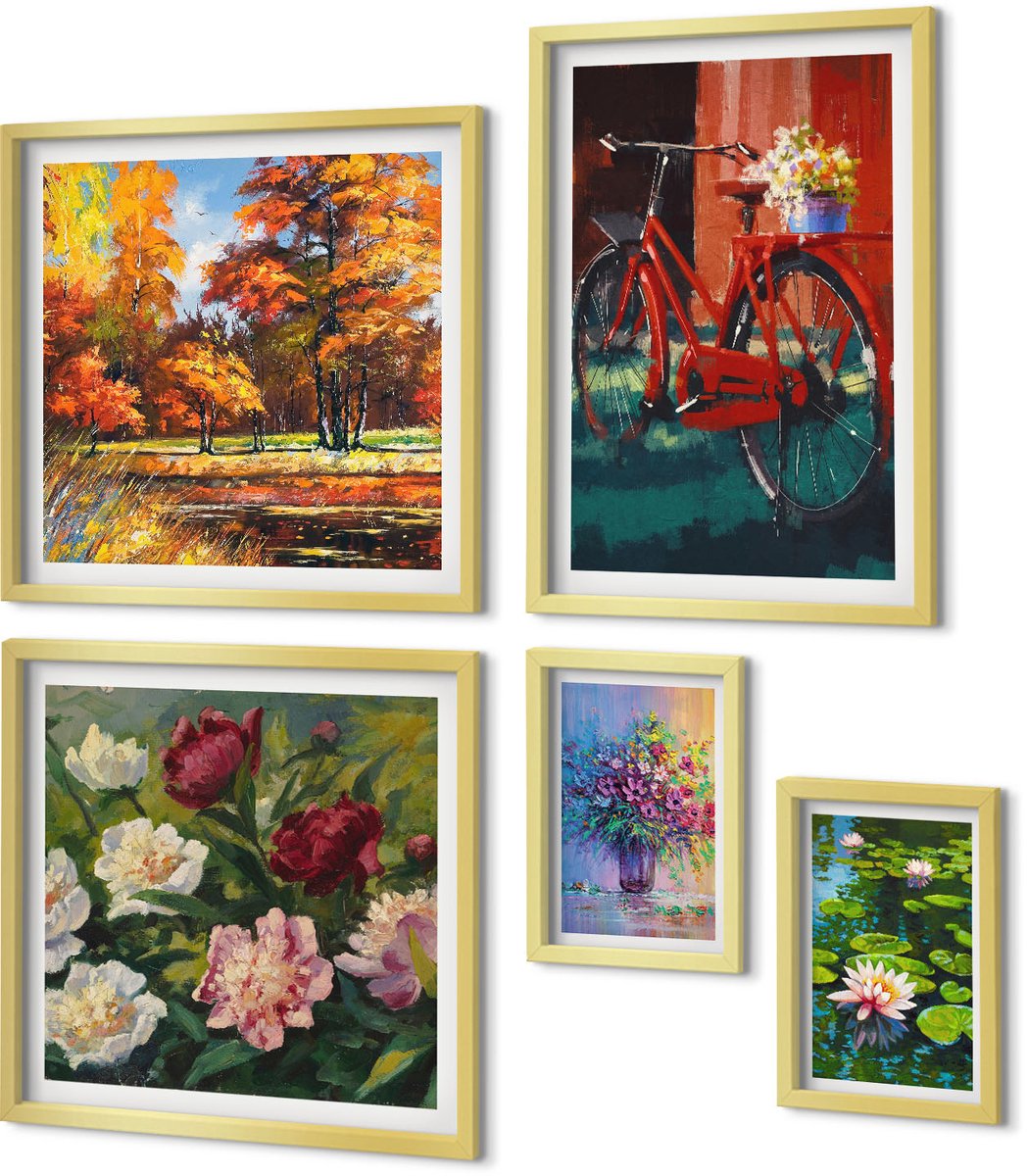 Coloray 5-Delige Schilderij Set - Bloemen In Een Lentelandschap Met Een Fiets Op De Achtergrond, Te Midden Van De Natuur. - 50 x 50 cm, 20 x 30 cm En 40 x 60 cm - Wanddecoratie - Muurdecoratie - Woonkamer