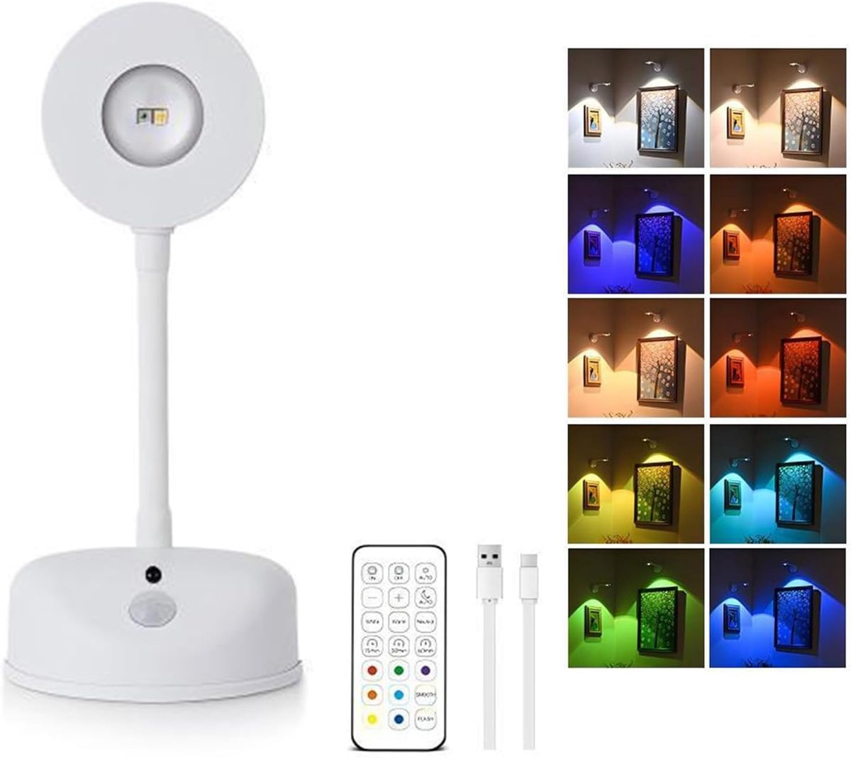 KZQ LED-spot - Wandlamp - Kattenooglamp met sensor - Nachtlampje voor schilderijen - Oplaadbaar - Met afstandsbediening - 2000 mAh - 7 kleuren - 3 kleurtemperaturen - 360° draaibaar - Zelfklevend - Wit