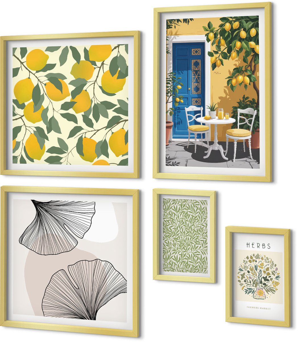 Coloray 5-Delige Schilderij Set - Stijlvolle Accenten Met Plant- En Fruitmotieven. - 50 x 50 cm, 20 x 30 cm En 40 x 60 cm - Moderne Wanddecoratie - Woonkamer - Stijlvolle Muurdecoratie