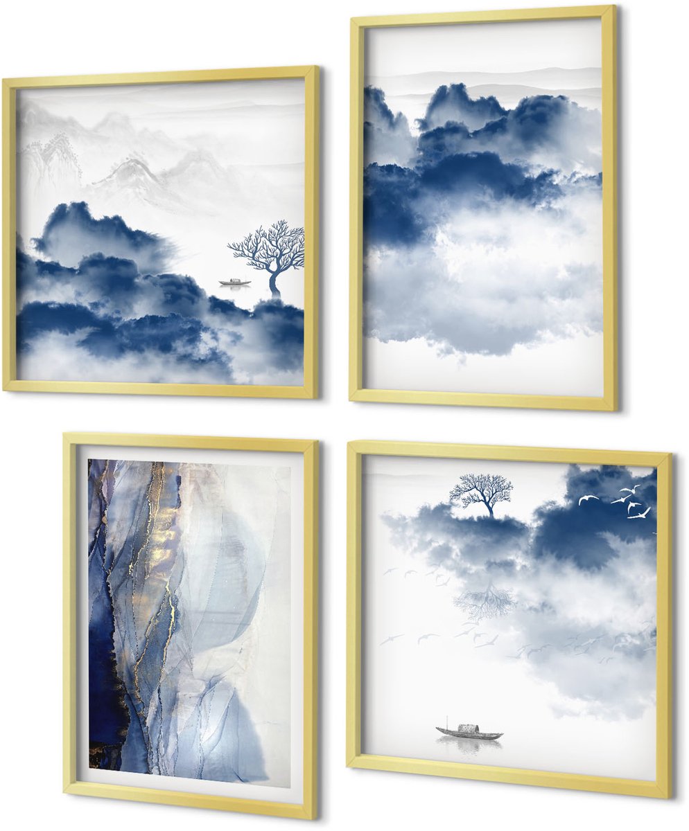 Coloray 4-Delige Schilderij Set - Wolkengebergte met bomen en vogels op de achtergrond - 40 x 40 cm en 40 x 60 cm - Stijlvolle Wanddecoratie - Interieur - Interieur Decoratie