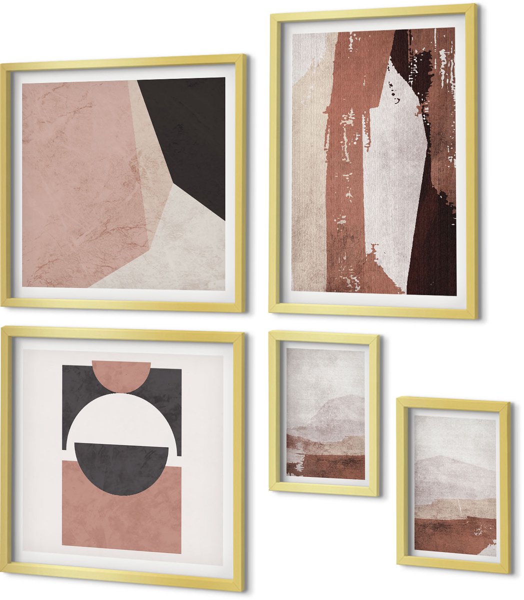 Coloray 5-Delige Schilderij Set - Abstracte Composities In Aardetinten En Geometrische Vormen - 50 x 50 cm, 20 x 30 cm En 40 x 60 cm - Schilderijen Set - Wanddecoratie - Woonkamer - Decoratieve Schilderijen