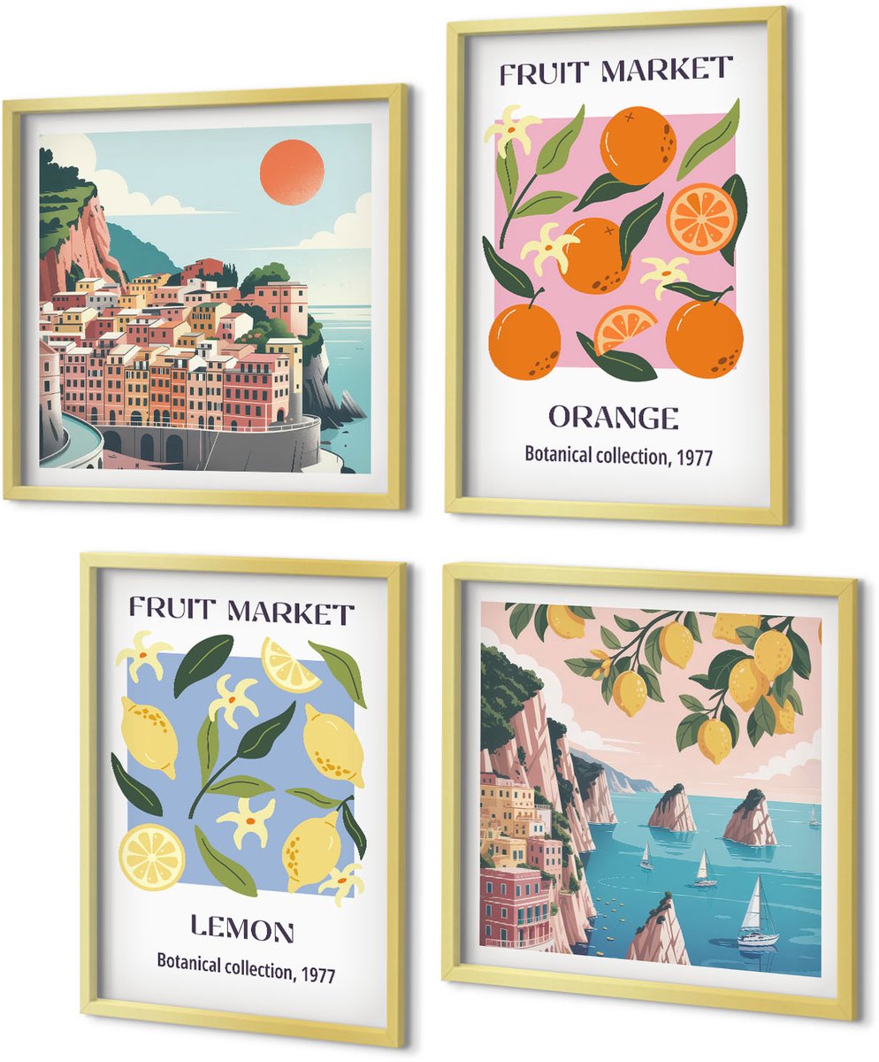 Coloray 4-Delige Schilderij Set - Fruitposters met citroenen, sinaasappels en Italiaanse landschappen. - 40 x 40 cm en 40 x 60 cm - Wanddecoratie - Schilderijen Set - Kantoor - Stijlvolle Muurdecoratie