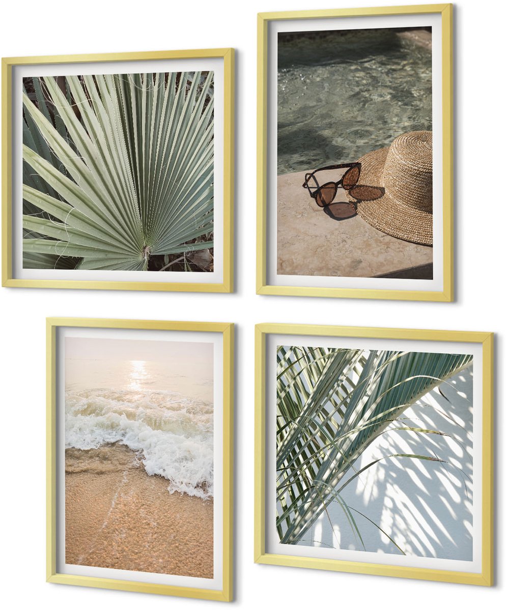 Coloray 4-Delige Schilderij Set - Water Strandhoed en zonnebril Bladeren - 40 x 40 cm en 40 x 60 cm - Wanddecoratie - Muurdecoratie - Woonkamer - Interieur Decoratie