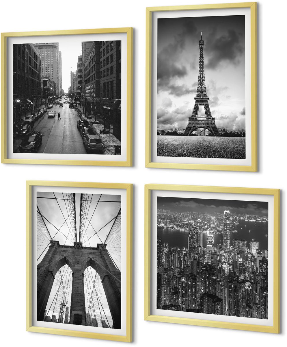 Coloray 4-Delige Schilderij Set - Torens en bruggen in monochrome tinten - 40 x 40 cm en 40 x 60 cm - Stijlvolle Muurdecoratie - Kantoor