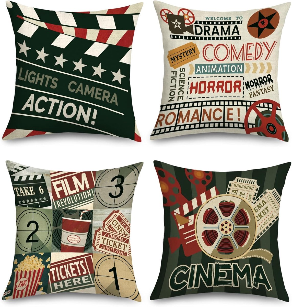 Vintage Cinema Poster Cushion Covers 45 x 45 Pieces 4 Pieces Retro Cinema Popcorn Square Throw Pillow Case Decorative - ShopVlot