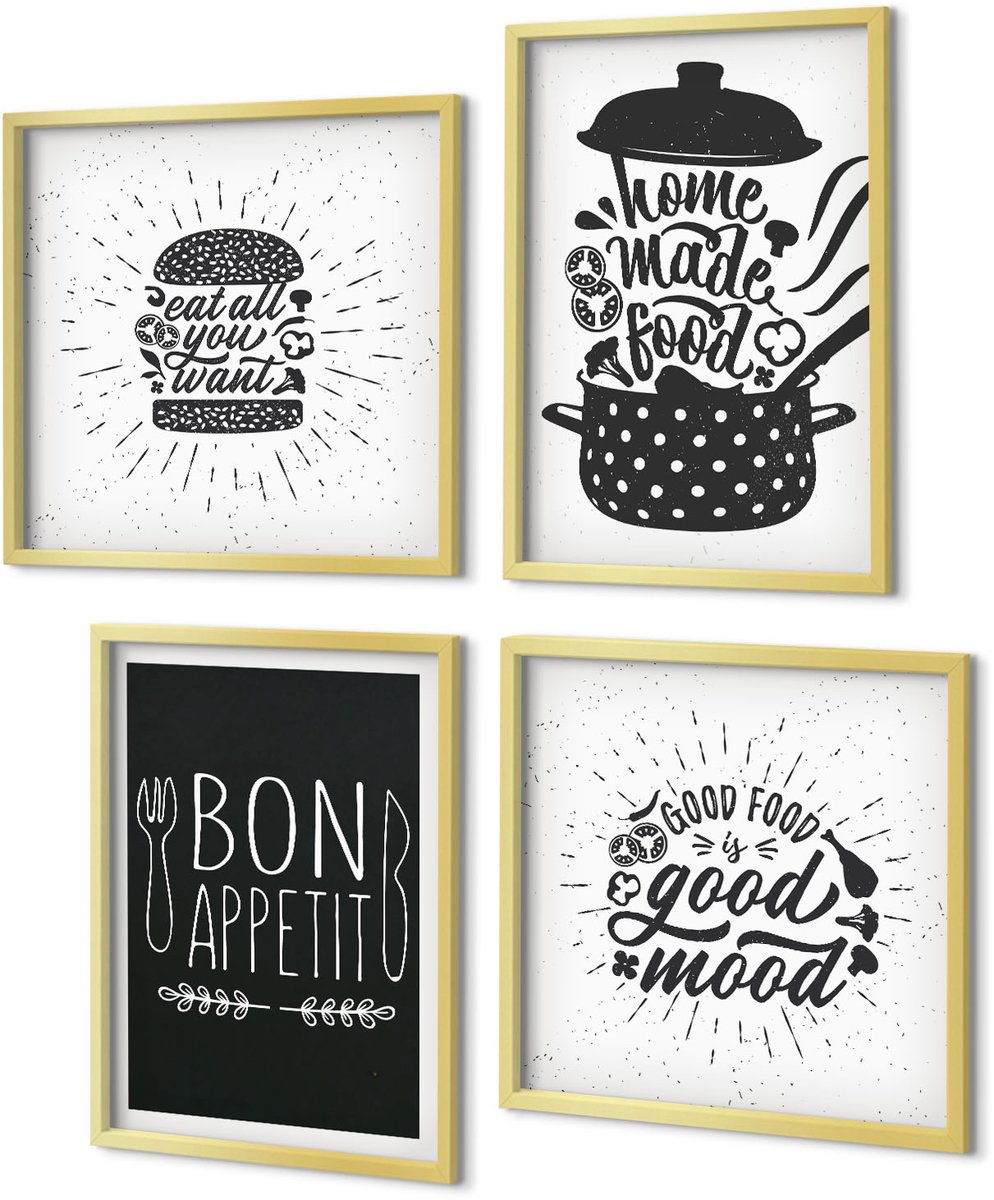 Coloray 4-Delige Schilderij Set - Voedselafbeeldingen en culinaire slogans - 40 x 40 cm en 40 x 60 cm - Muurdecoratie - Wanddecoratie - Hal - Interieur Decoratie