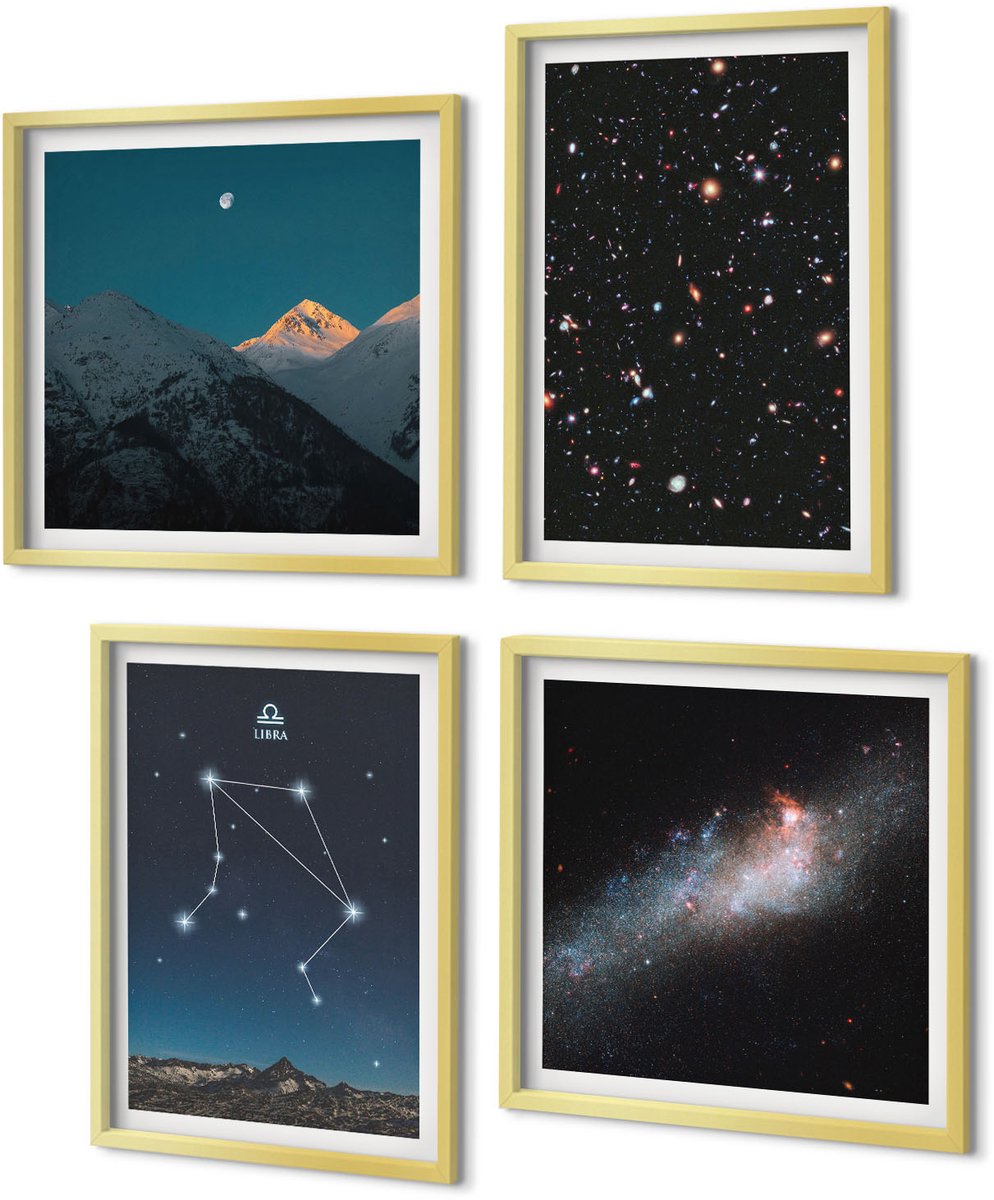 Coloray 4-Delige Schilderij Set - Ruimtestelsel Sterrenbeeld Weegschaal Nachthemel Bergen - 40 x 40 cm en 40 x 60 cm - Muurdecoratie - Decoratieve Schilderijen - Wohnzimmer - Moderne Wanddecoratie