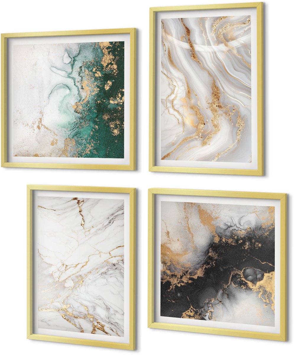Coloray 4-Delige Schilderij Set - Abstracte patronen in tinten wit, zwart en groen. - 40 x 40 cm en 40 x 60 cm - Muurdecoratie - Wanddecoratie - Hal