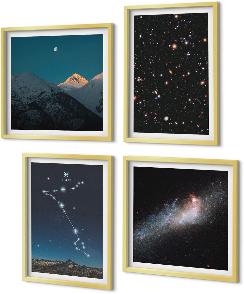Coloray 4-Delige Schilderij Set - Ruimtelandschappen met het sterrenbeeld Vissen en bergen - 40 x 40 cm en 40 x 60 cm - Muurdecoratie - Interieur Decoratie - Woonkamer Decoratie