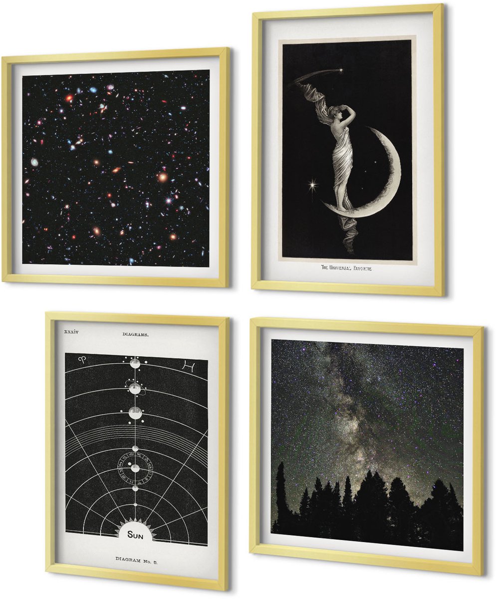 Coloray 4-Delige Schilderij Set - Sterrenstelsel in het zonnestelsel 's nachts Figuur op de maan - 40 x 40 cm en 40 x 60 cm - Muurdecoratie - Wanddecoratie - Hal - Interieur Decoratie