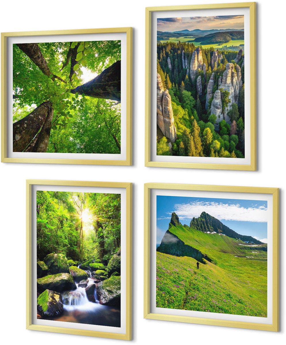 Coloray 4-Delige Schilderij Set - Groene berglandschappen met waterval en bos - 40 x 40 cm en 40 x 60 cm - Muurdecoratie - Interieur Decoratie - Stijlvolle Muurdecoratie