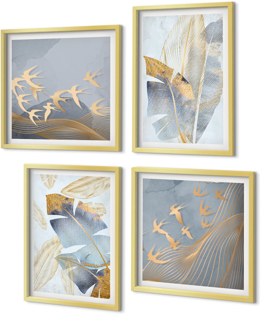 Coloray 4-Delige Schilderij Set - Bladeren in blauwe en beige tinten op een lichte achtergrond. - 40 x 40 cm en 40 x 60 cm - Stijlvolle Muurdecoratie - Kantoor