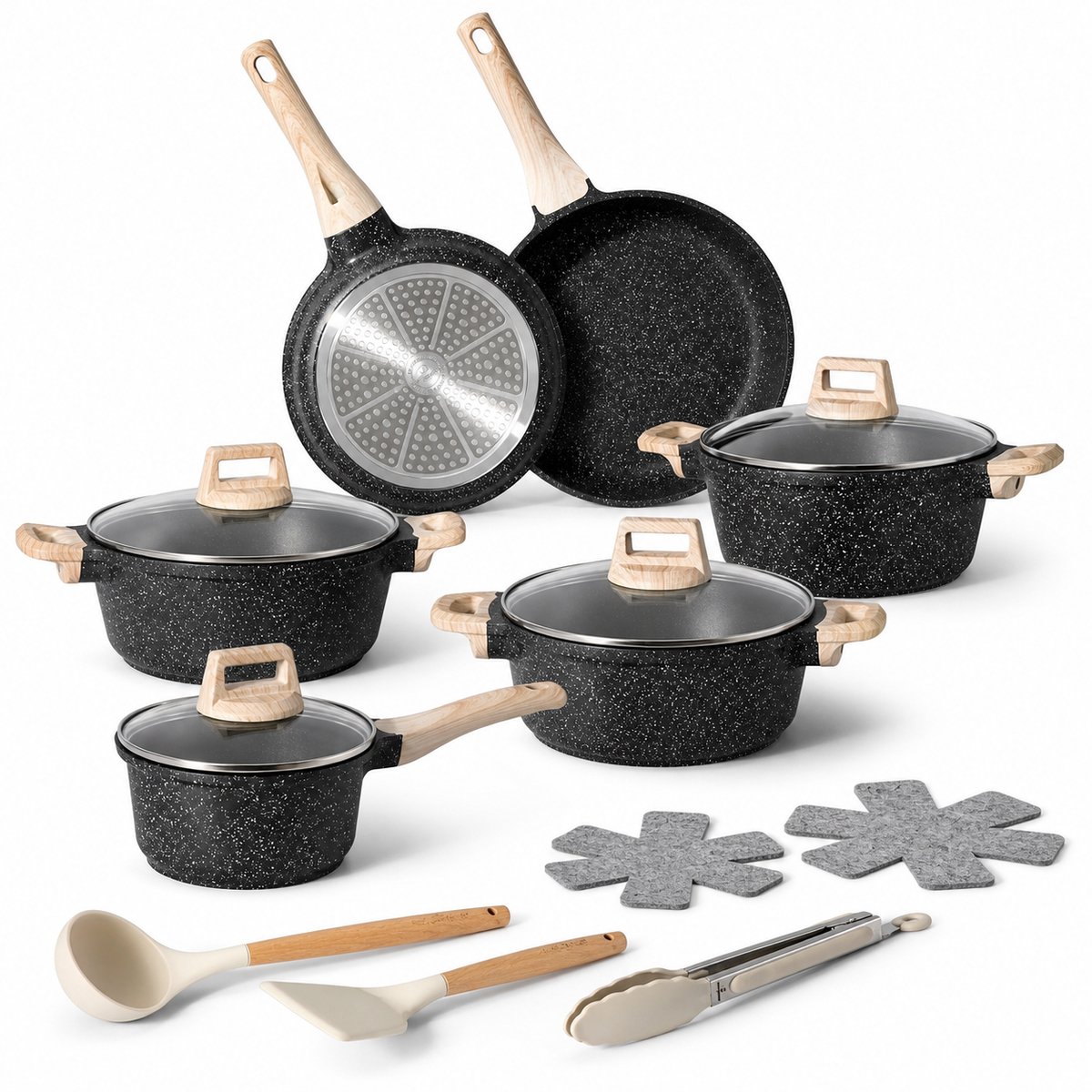 Pannenset Inductie 15-delig – Marmeren Antiaanbaklaag – Kookpannen, Koekenpannen en Steelpan – Zwart