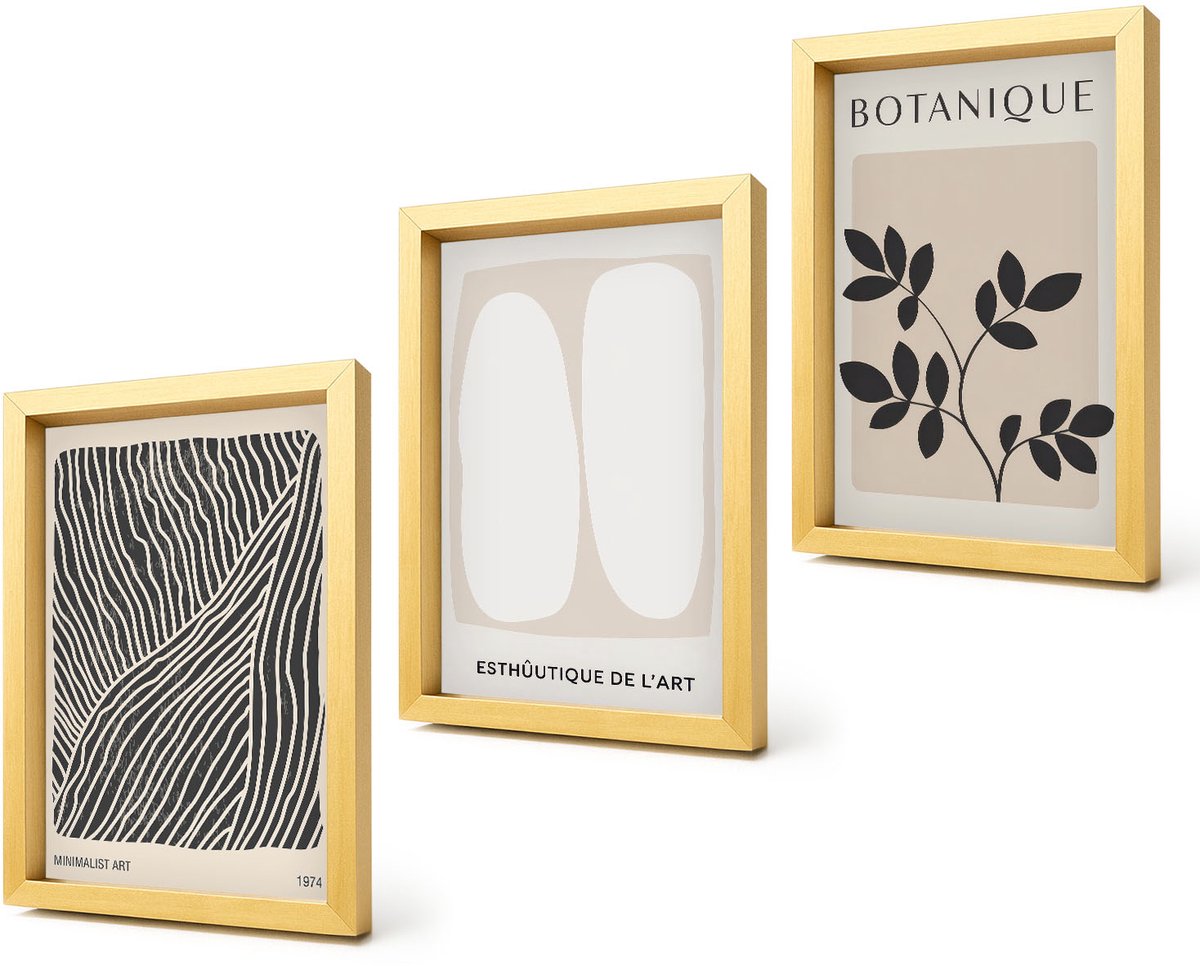 Coloray 4-Delige Schilderij Set - Bloemenpatronen en minimalistische lijnen in neutrale kleuren. - 20 x 30 cm - Decoratieve Schilderijen - Woonkamer - Interieur - Woonkamer Decoratie