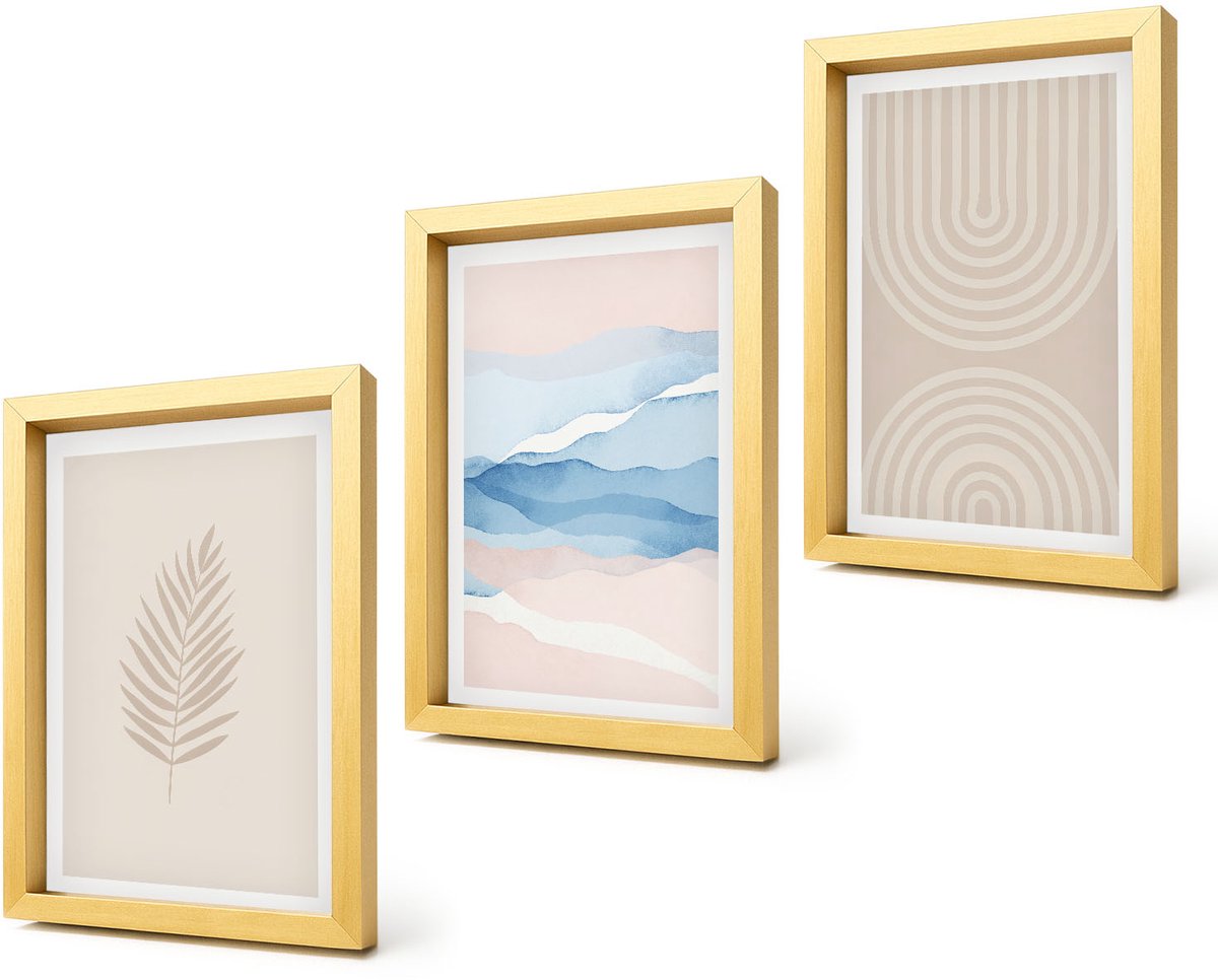 Coloray 4-Delige Schilderij Set - Bladeren en golven in beige en blauwe tinten. - 20 x 30 cm - Decoratieve Schilderijen - Woonkamer - Interieur - Muurdecoratie
