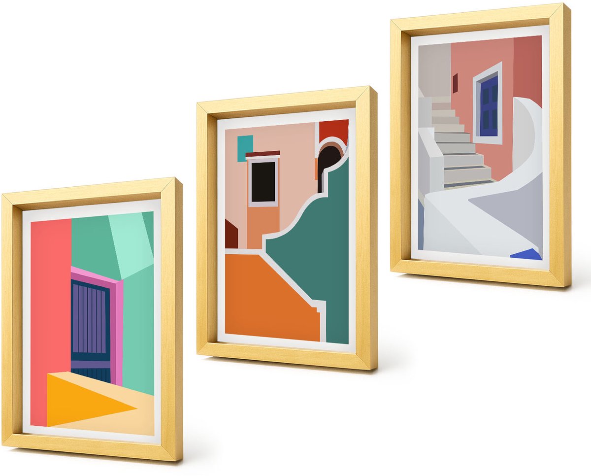Coloray 4-Delige Schilderij Set - Kleurrijke illustraties van gebouwen in een moderne stijl. - 20 x 30 cm - Stijlvolle Wanddecoratie - Interieur - Woonkamer Decoratie