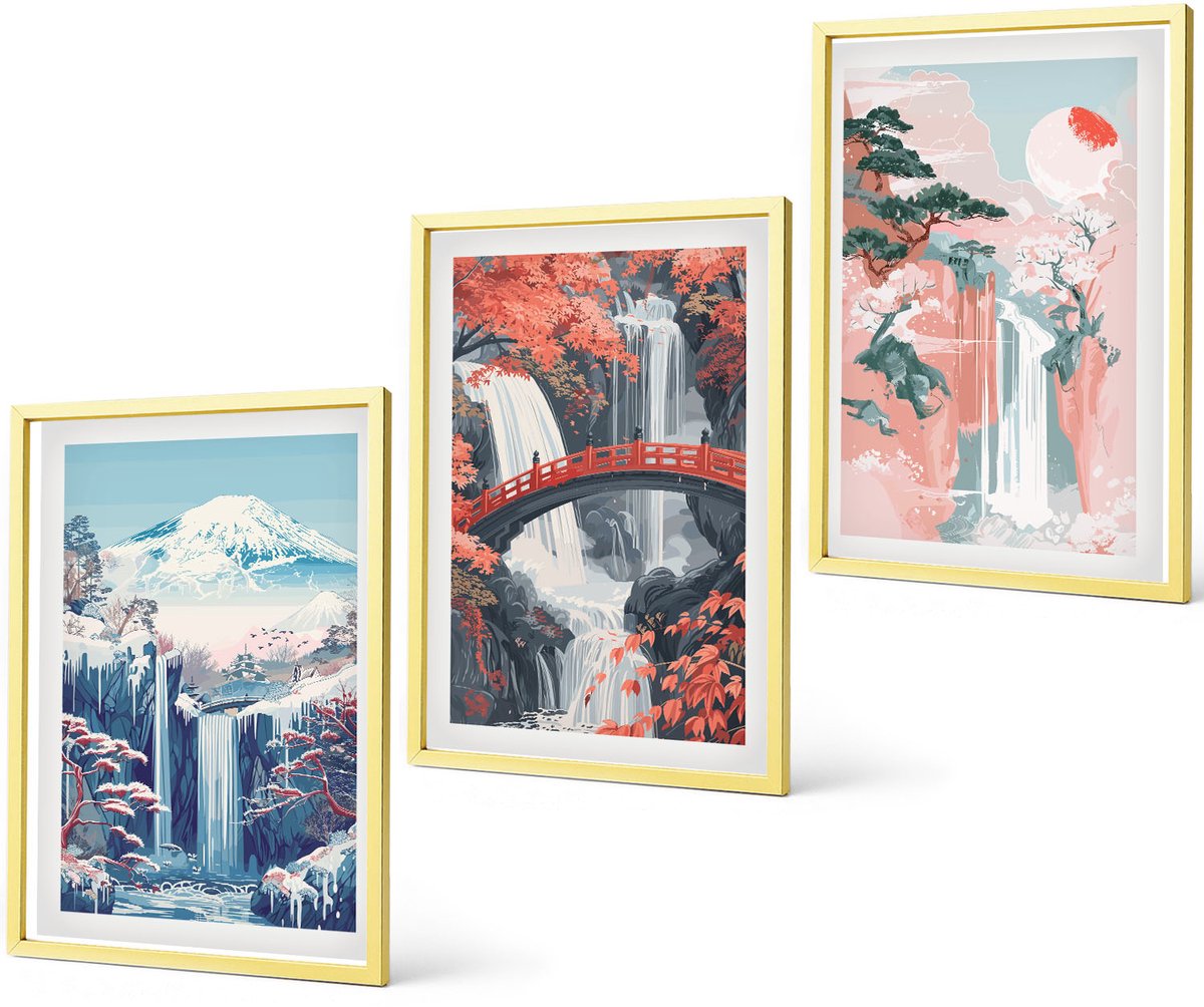 Coloray 3-Delige Schilderij Set - Watervallen, Bergen Met Een Brug En Bloeiende Bomen - 40 x 40 cm En 40 x 60 cm - Muurdecoratie - Decoratieve Schilderijen - Wohnzimmer - Stijlvolle Muurdecoratie