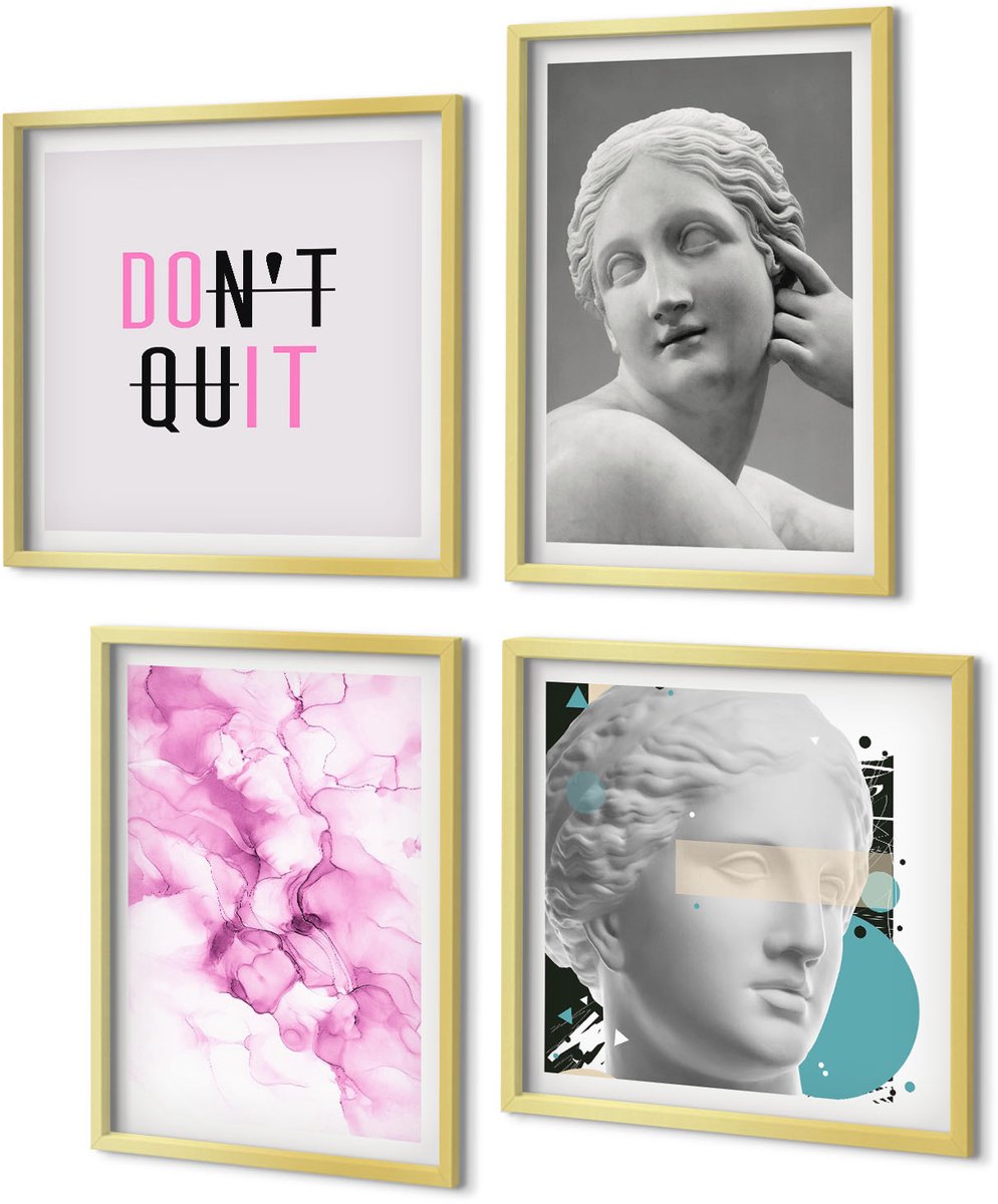 Coloray 4-Delige Schilderij Set - Aquarel Abstracte Inspirerende Slogan Antieke Beelden - 40 x 40 cm en 40 x 60 cm - Muurdecoratie - Schilderijen Set - Woonkamer - Wanddecoratie