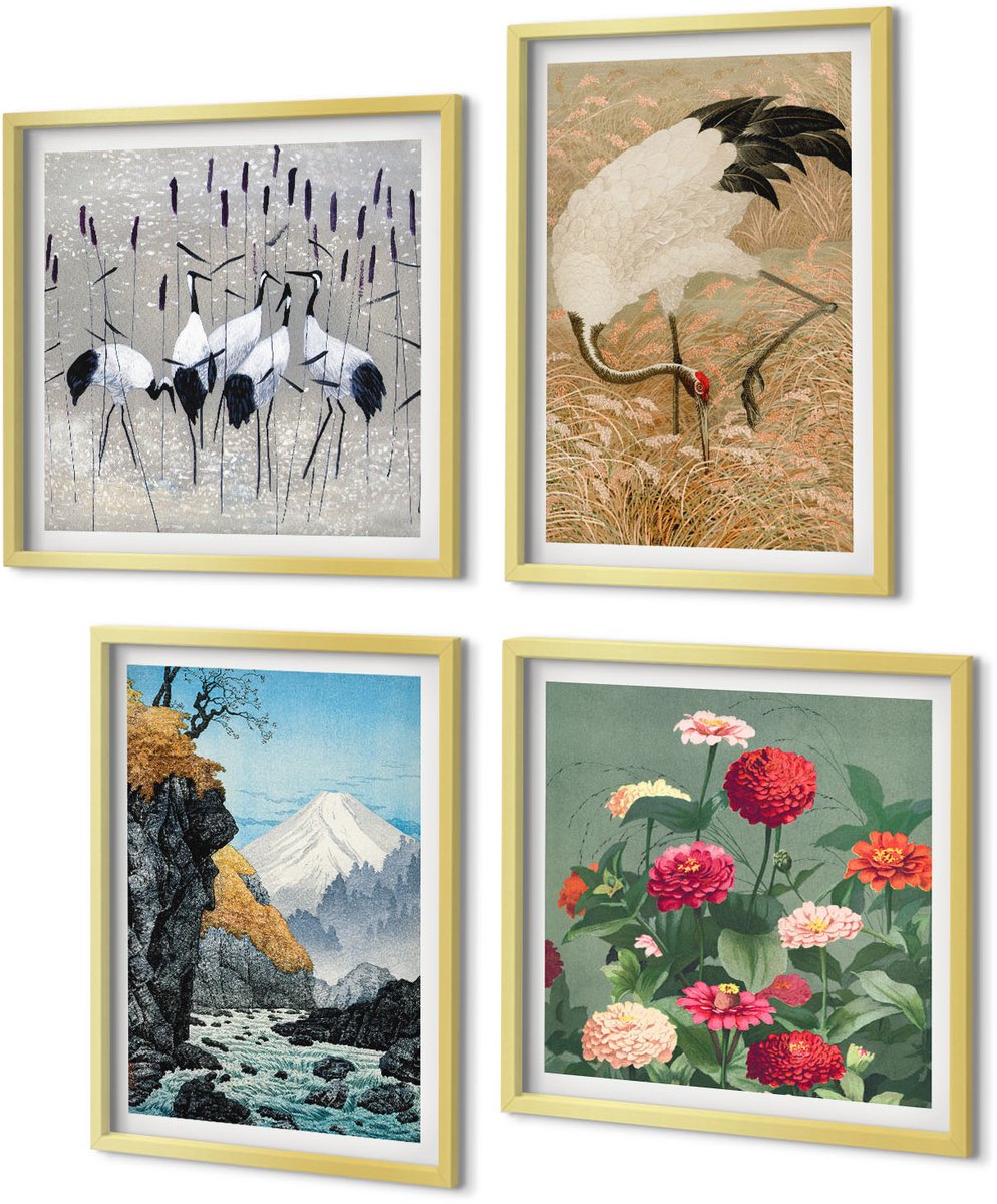 Coloray 4-Delige Schilderij Set - Bergen in het landschap, een rivier, bloemen en kraanvogels in het gras. - 40 x 40 cm en 40 x 60 cm - Wanddecoratie - Muurdecoratie - Woonkamer - Moderne Wanddecoratie