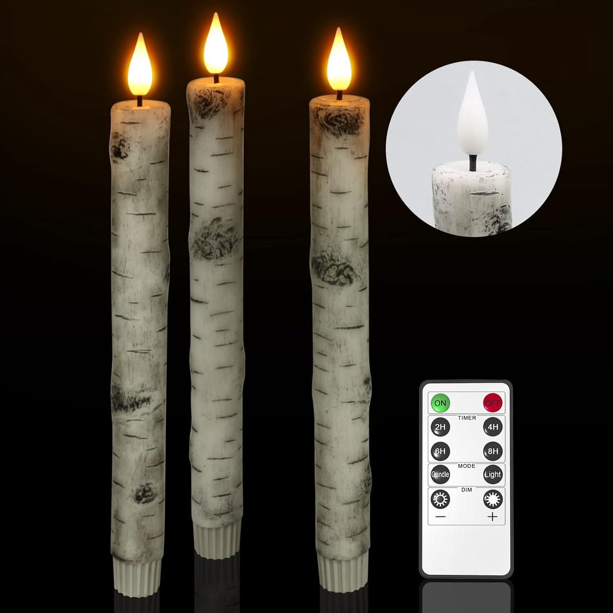 PChero Birch Bark LED Taper Candles, 3 Pieces Real Wax Flameless Flickering Window Candles with Remote Control Timer - ShopVlot