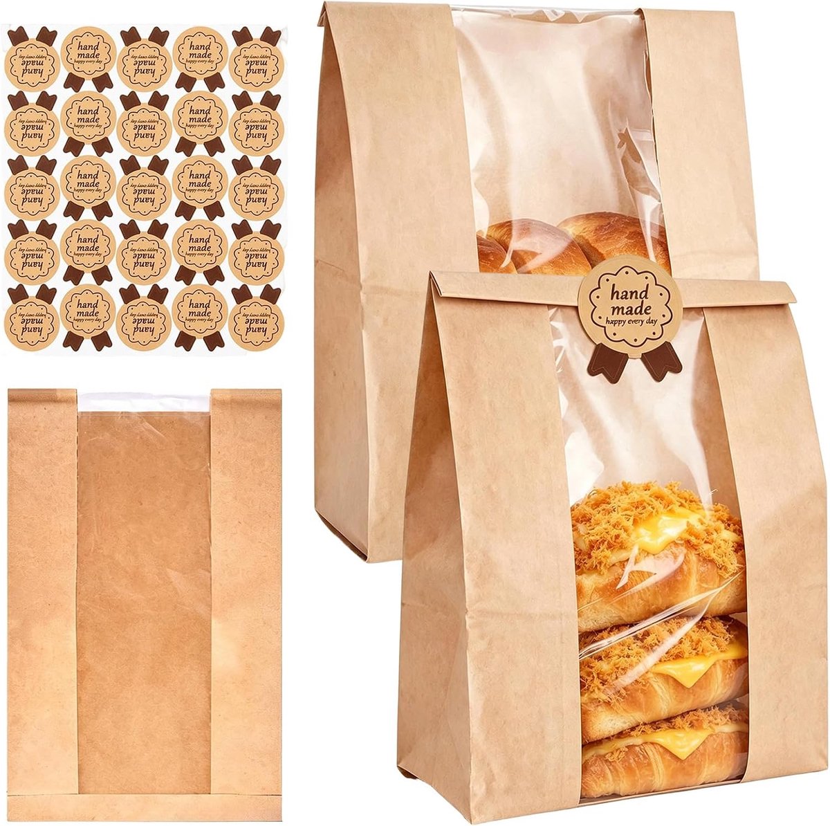 25 stuks papieren broodzakken, 35 x 21 x 9 cm, kraftpapier broodzakken met venster - ShopVlot