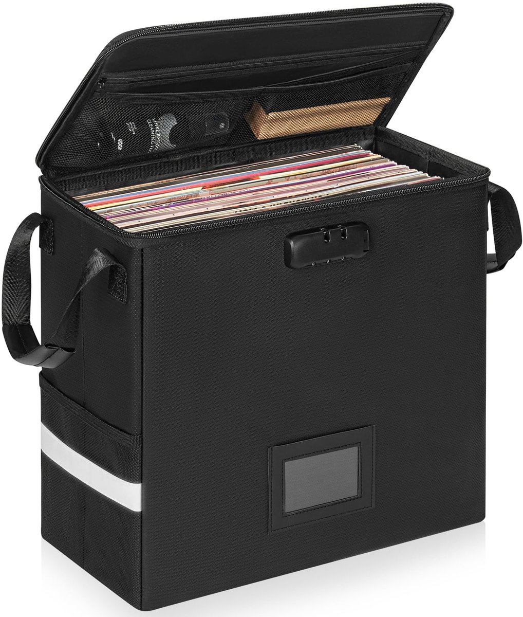 Famanu – Vuurvaste vinyl opbergdoos met slot, waterbestendige opbergdoos voor 12 inch platen, houdt tot 50+ enkele platen, opvouwbare LP opbergkrat voor albumcollectie